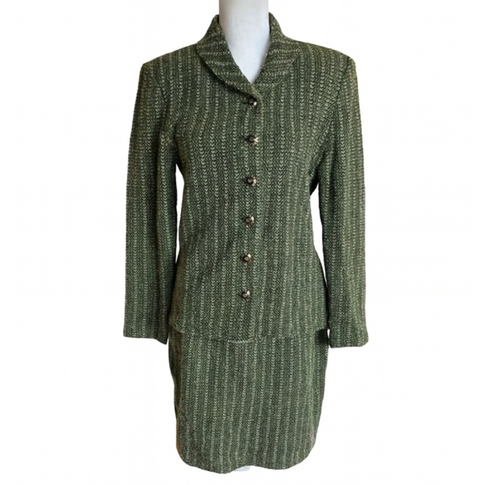 St John Collection‎ Green Knit Jacket & Skirt Set Size 8/10 Gold Buttons